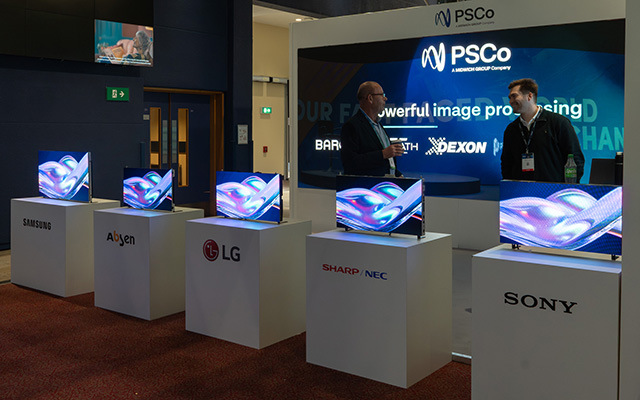 LED modules sit on five podiums displaying the same colourful content