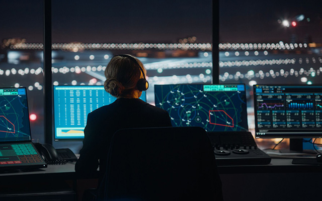 A control room operator views screens and a lit airport runway