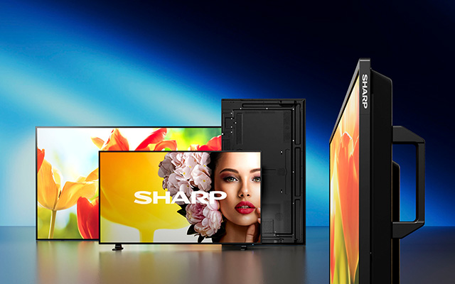 Front and side facing Sharp-branded large format displays show colourful content